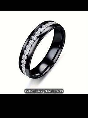 New! Stylish Black and Zinconia Ring. Stainless Steel /Synthetic Zircon. Size:13
